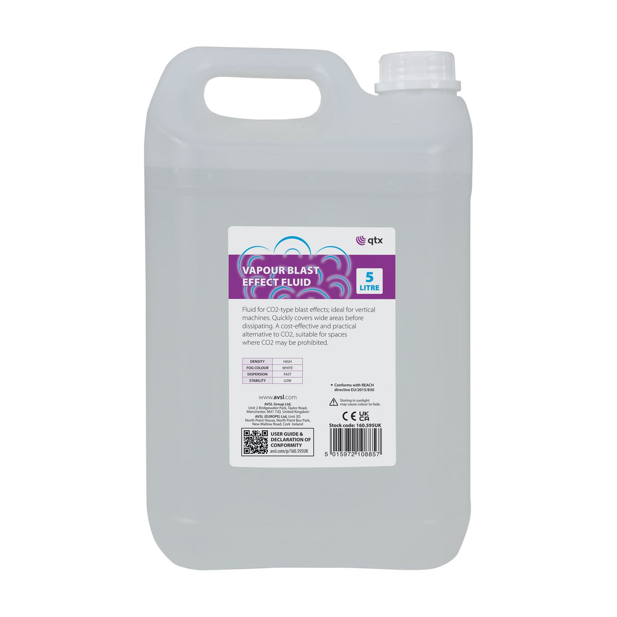 QTX Vapour Blast Effect Fluid 5L by AVSL in a clear plastic jerrycan with handle and white cap, purple and white label, on a plain background.