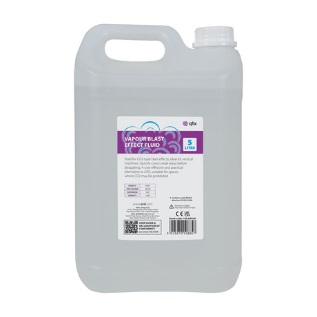 QTX Vapour Blast Effect Fluid 5L by AVSL in a clear plastic jerrycan with handle and white cap, purple and white label, on a plain background.