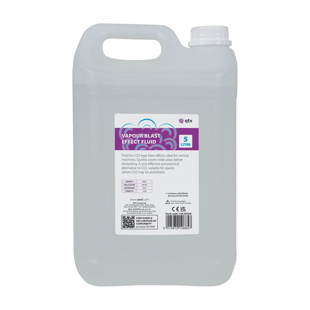 QTX Vapour Blast Effect Fluid 5L by AVSL in a clear plastic jerrycan with handle and white cap, purple and white label, on a plain background.