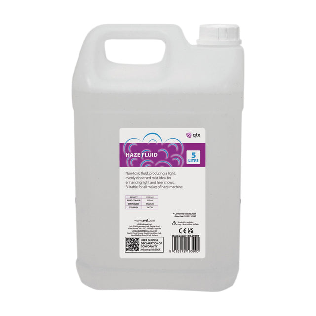 QTX 5-litre haze fluid container in translucent plastic with moulded handle and white screw cap, purple and white label, on a plain background.