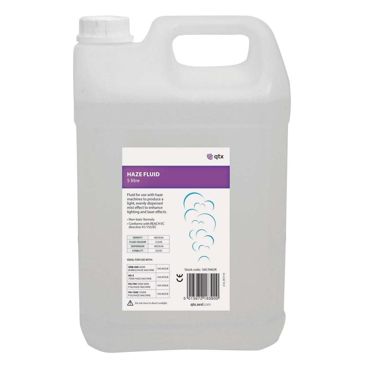 The QTX Haze Fluid Eco 5L, ideal for haze machines in laser shows, comes with a convenient handle and a label detailing comprehensive product information. The label provides usage instructions and specifications for straightforward use. Its prominent logo and branding emphasize the fluid's non-toxic formulation.