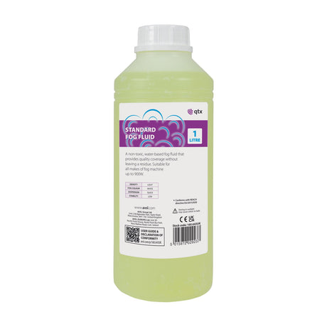 QTX Standard Fog Fluid 1L bottle by AVSL with yellow liquid, white screw cap and purple label, shown against a plain white background.