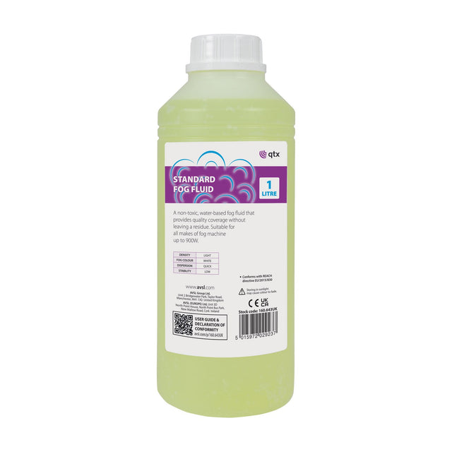 QTX Standard Fog Fluid 1L bottle by AVSL with yellow liquid, white screw cap and purple label, shown against a plain white background.
