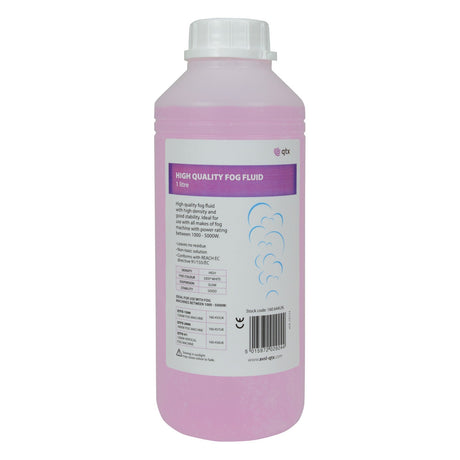 The QTX High Quality Fog Fluid Pink 1L bottle includes product details and safety instructions. This non-toxic, water-based solution is perfect for creating high-density fog with any standard fog machine.