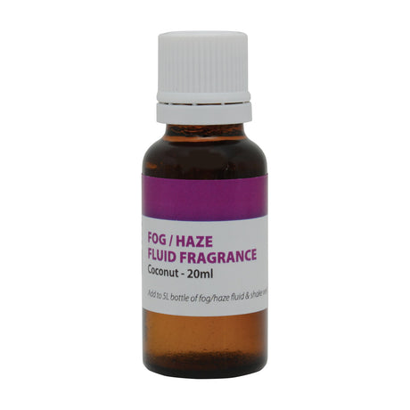QTX Coconut Fragrance 20ml for fog and haze machines in an amber glass bottle with a white tamper-evident cap and purple label, on a white background.