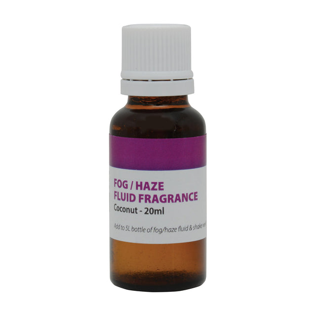 QTX Coconut Fragrance 20ml for fog and haze machines in an amber glass bottle with a white tamper-evident cap and purple label, on a white background.