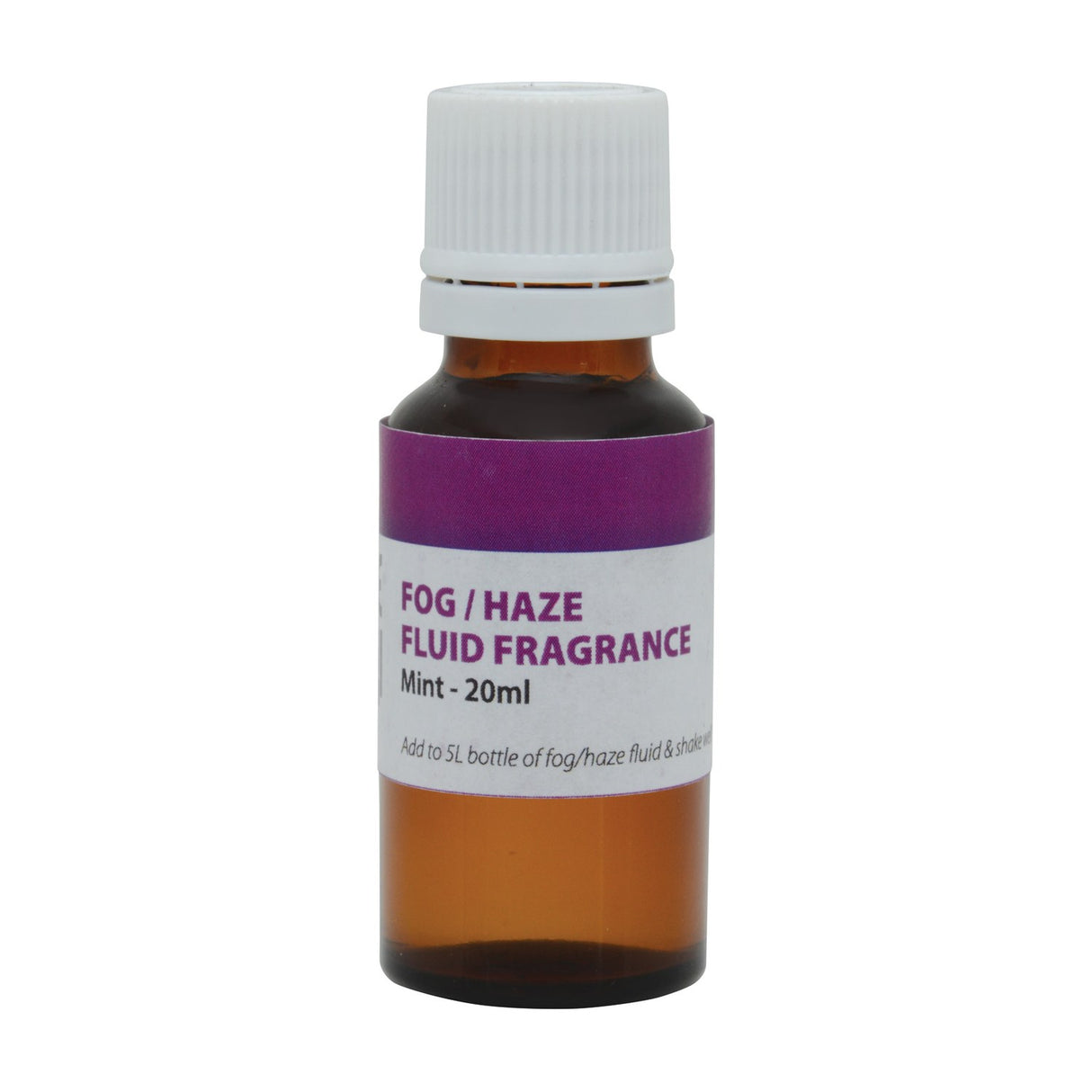 QTX Mint Fragrance 20ml amber glass bottle with white childproof cap and purple and white label for fog and haze machines, on a plain white background.