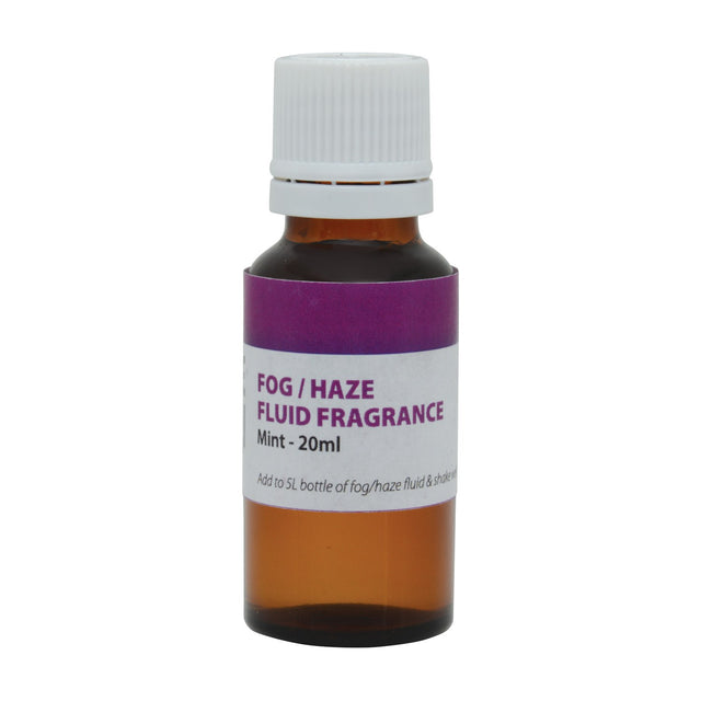 QTX Mint Fragrance 20ml amber glass bottle with white childproof cap and purple and white label for fog and haze machines, on a plain white background.