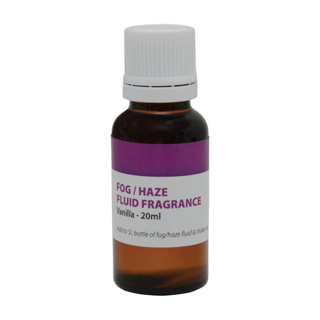 QTX Vanilla Fragrance 20ml concentrate for fog and haze fluid in a brown glass bottle with white tamper-evident cap and purple label, on white.