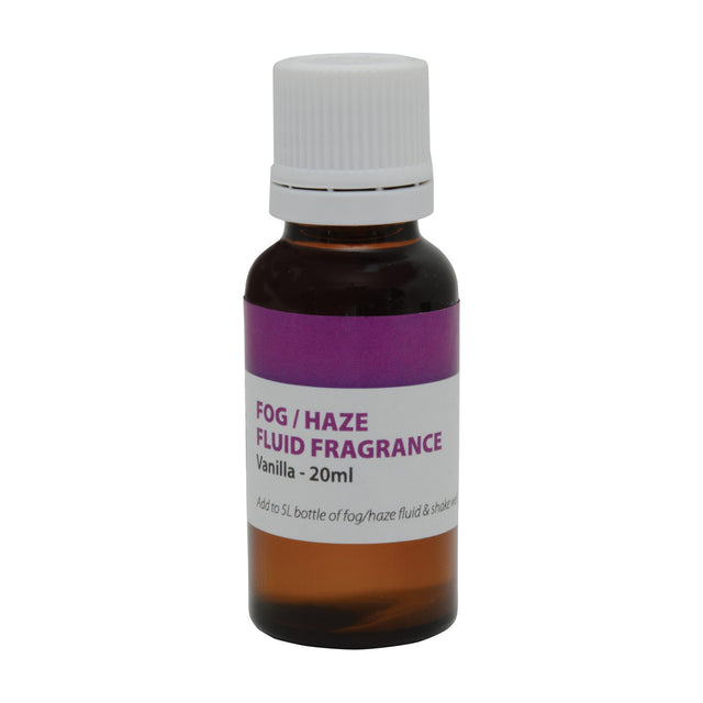 QTX Vanilla Fragrance 20ml concentrate for fog and haze fluid in a brown glass bottle with white tamper-evident cap and purple label, on white.