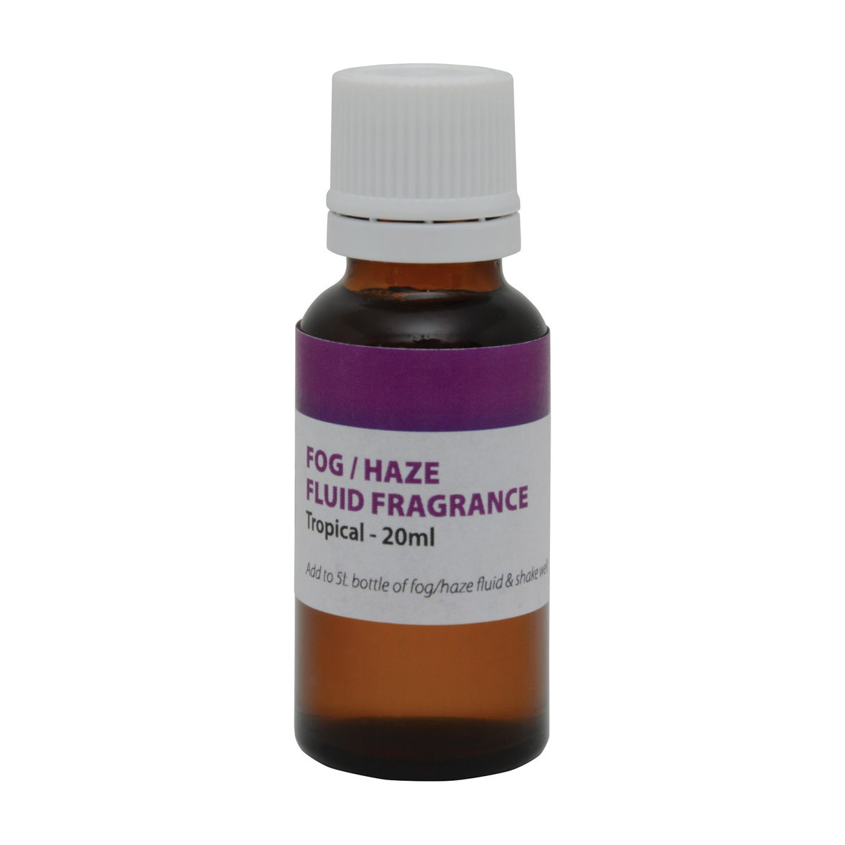 QTX Tropical Fragrance 20ml fog and haze fluid additive in an amber glass bottle with white tamper-evident cap and purple label, on a white background.