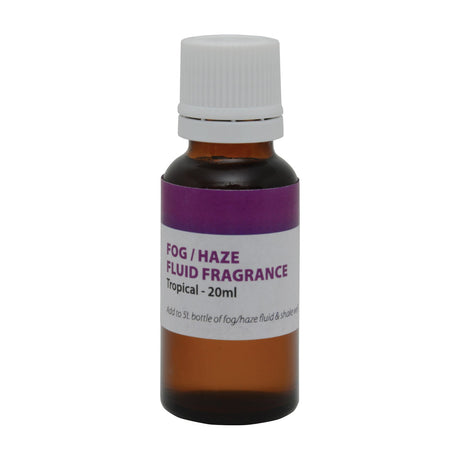 QTX Tropical Fragrance 20ml fog and haze fluid additive in an amber glass bottle with white tamper-evident cap and purple label, on a white background.