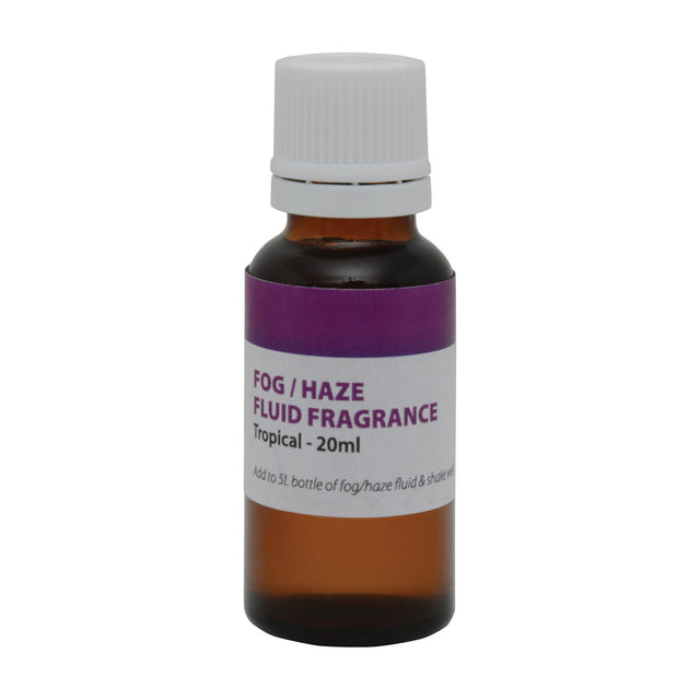 QTX Tropical Fragrance 20ml fog and haze fluid additive in an amber glass bottle with white tamper-evident cap and purple label, on a white background.