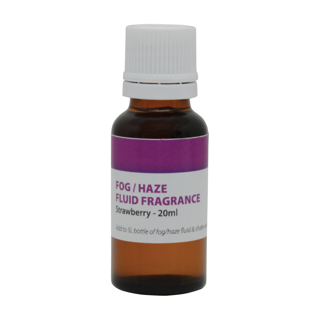 QTX Strawberry Fragrance 20ml additive for fog and haze fluid in a brown glass bottle with white child-resistant cap and purple label, on white.