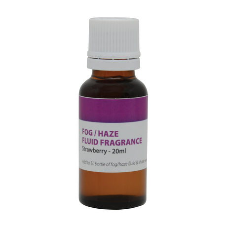 QTX Strawberry Fragrance 20ml additive for fog and haze fluid in a brown glass bottle with white child-resistant cap and purple label, on white.