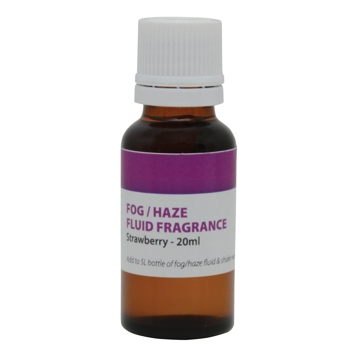 Product Description: A compact 20ml QTX bottle with a brown finish, white cap, and purple label that reads "Strawberry Fragrance." This aromatic additive is ideal for boosting a smoke machine's effectiveness; just mix it into a 5L container of fog/haze fluid.