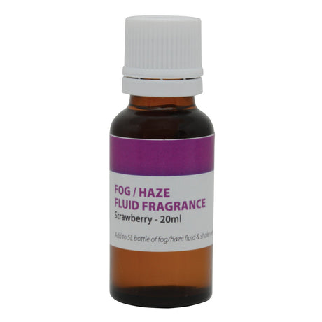 Product Description: A compact 20ml QTX bottle with a brown finish, white cap, and purple label that reads "Strawberry Fragrance." This aromatic additive is ideal for boosting a smoke machine's effectiveness; just mix it into a 5L container of fog/haze fluid.