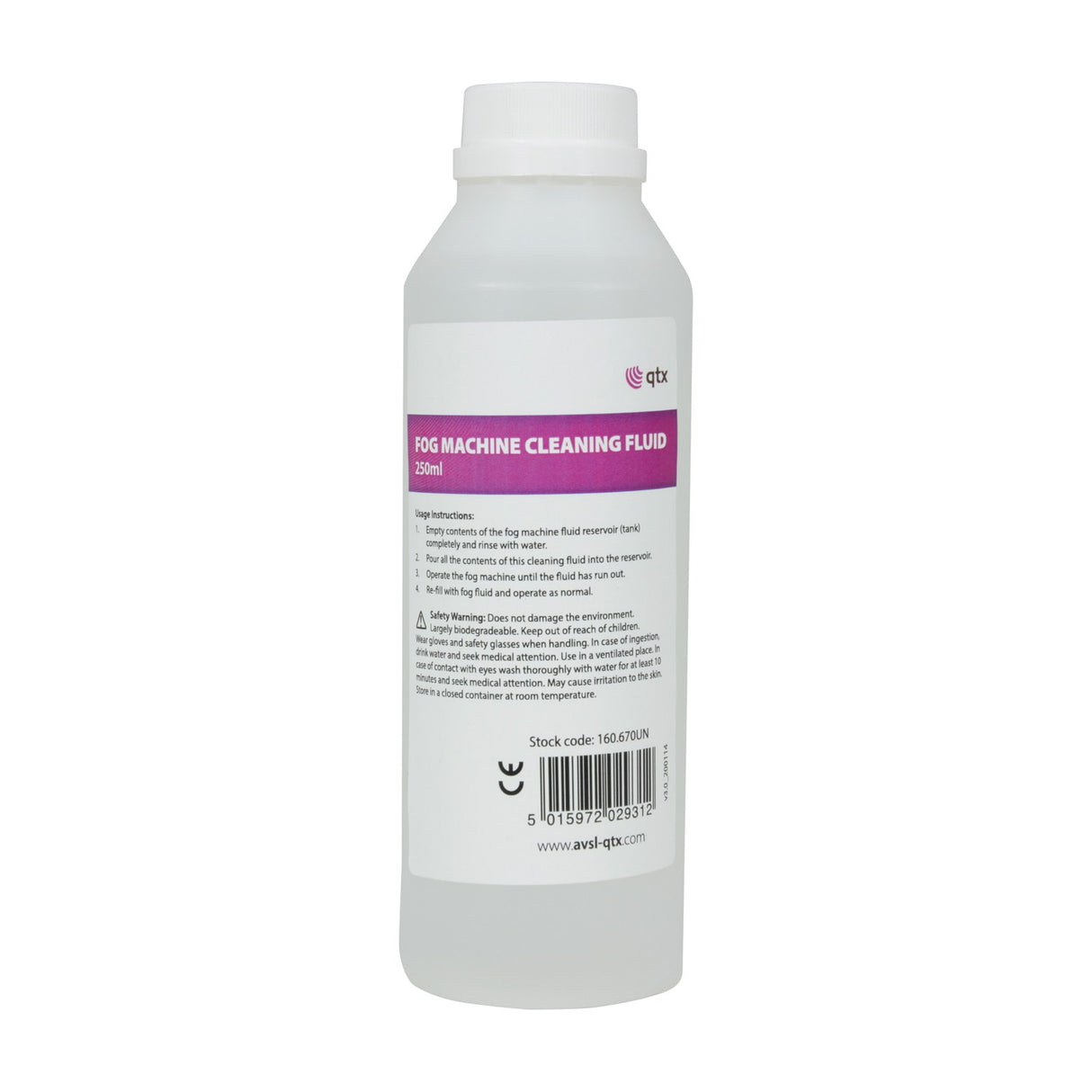 QTX 250ml fog machine cleaning fluid in a white plastic bottle with screw cap and pink label showing usage instructions, on a plain white background.