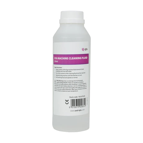 QTX 250ml fog machine cleaning fluid in a white plastic bottle with screw cap and pink label showing usage instructions, on a plain white background.