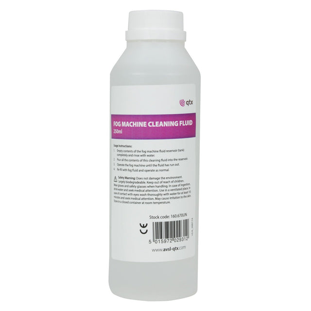 A white 250 ml bottle of QTX Smoke Machine Cleaning Fluid, designed for biodegradable fog machine maintenance, is adorned with a pink label displaying text and instructions. The brand logo is prominently placed at the top, with a barcode and stock code neatly located at the bottom.