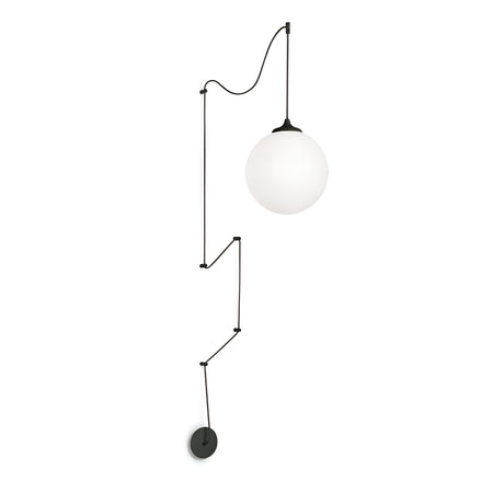 The Sense 1 Light Wall/Pendant - Black showcases a sleek metal design with articulated joints, making it an ideal choice for modern interiors. Its spherical white light fixture emits a warm ambient glow, complemented by the thin cable that adds to its artistic appeal.