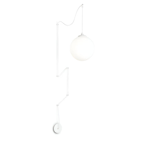 The Sense 1 Light Wall/Pendant in white showcases a minimalist design with its adjustable arm and spherical light fixture. Featuring clean lines and a circular base, this contemporary piece seamlessly enhances any space with its modern aesthetic.