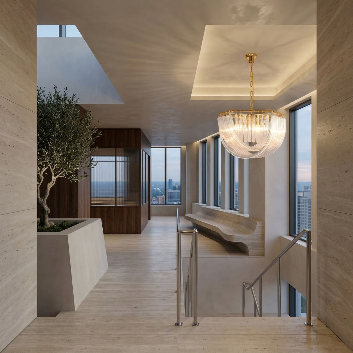 Modern interior with large windows overlooking a cityscape, a wooden bench, an indoor tree in a planter, light wood floors, and the Murano 6 Light Crystal Chandelier - Gold elegantly illuminating the stairwell.