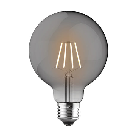 Classic E27 globe LED bulb in smoked glass, 95mm, with four visible vertical filaments, chrome cap, dimmable, 4000K, shown on a plain white background.