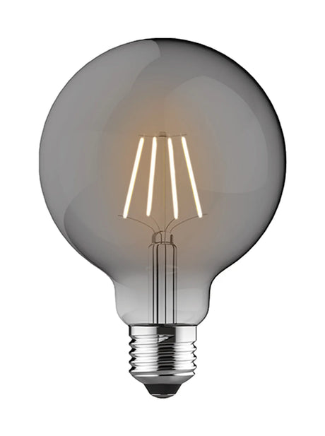 Classic E27 globe LED bulb, 95mm smoked glass with visible vintage-style filaments, dimmable, 4000K cool white, on a plain white background.