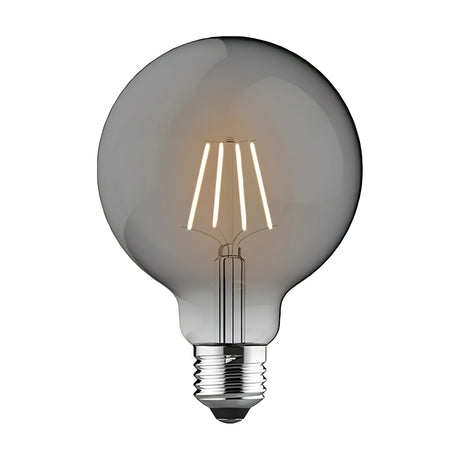E27 Globe G95 LED bulb in smoked glass with visible vintage-style filaments, dimmable, 6.5W, 4000K cool white, shown on a plain white background.