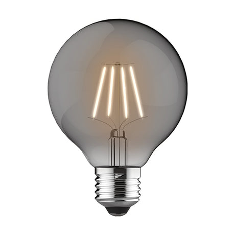 Classic E27 globe dimmable bulb, 80mm smoked glass sphere with visible vintage-style filaments, 6.5W, 4000K, shown on a plain white background.