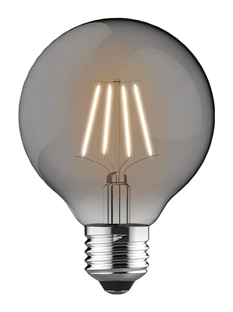 Classic E27 globe LED bulb, 80mm smoked glass sphere with visible vertical filaments, dimmable, 6.5W, 4000K cool white, shown on a plain white background.