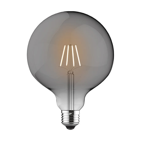 Classic E27 globe dimmable bulb in smoked glass, 12.5cm round shape with visible LED filaments and E27 metal base, shown on a plain white background.