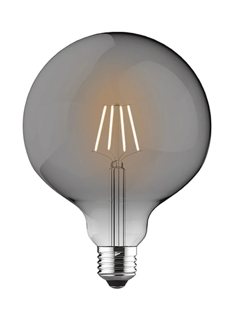 Classic E27 globe dimmable bulb in smoked glass with visible vertical filaments, 12.5cm size, 4000K, shown with brass-tone fitting on a plain white background.