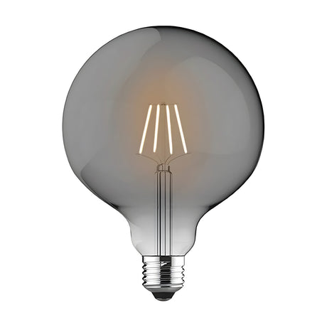 E27 Globe G125 LED bulb in smoked glass with visible vintage-style filaments, dimmable, 6.5W, 4000K cool white, on a plain white background.