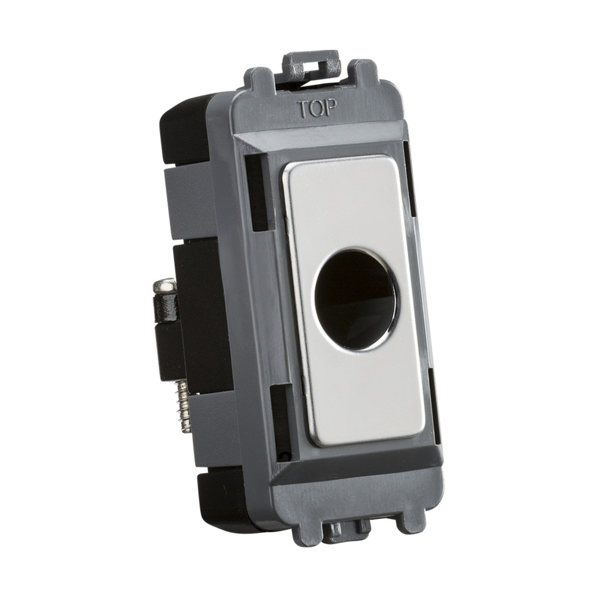 The Flex Outlet Module (Up To 10mm) in polished chrome boasts a sleek and modern design with a silver and black rectangular shape and a central circular button. Labeled TOP for orientation, its refined appearance is complemented by durable ABS construction.
