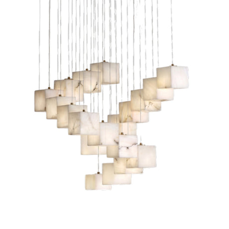 Scalinata 36 Light Cube Cascade Alabaster Cluster Chandelier in brass, cube-shaped alabaster shades cascading diagonally on individual cables, shown on a plain white background.