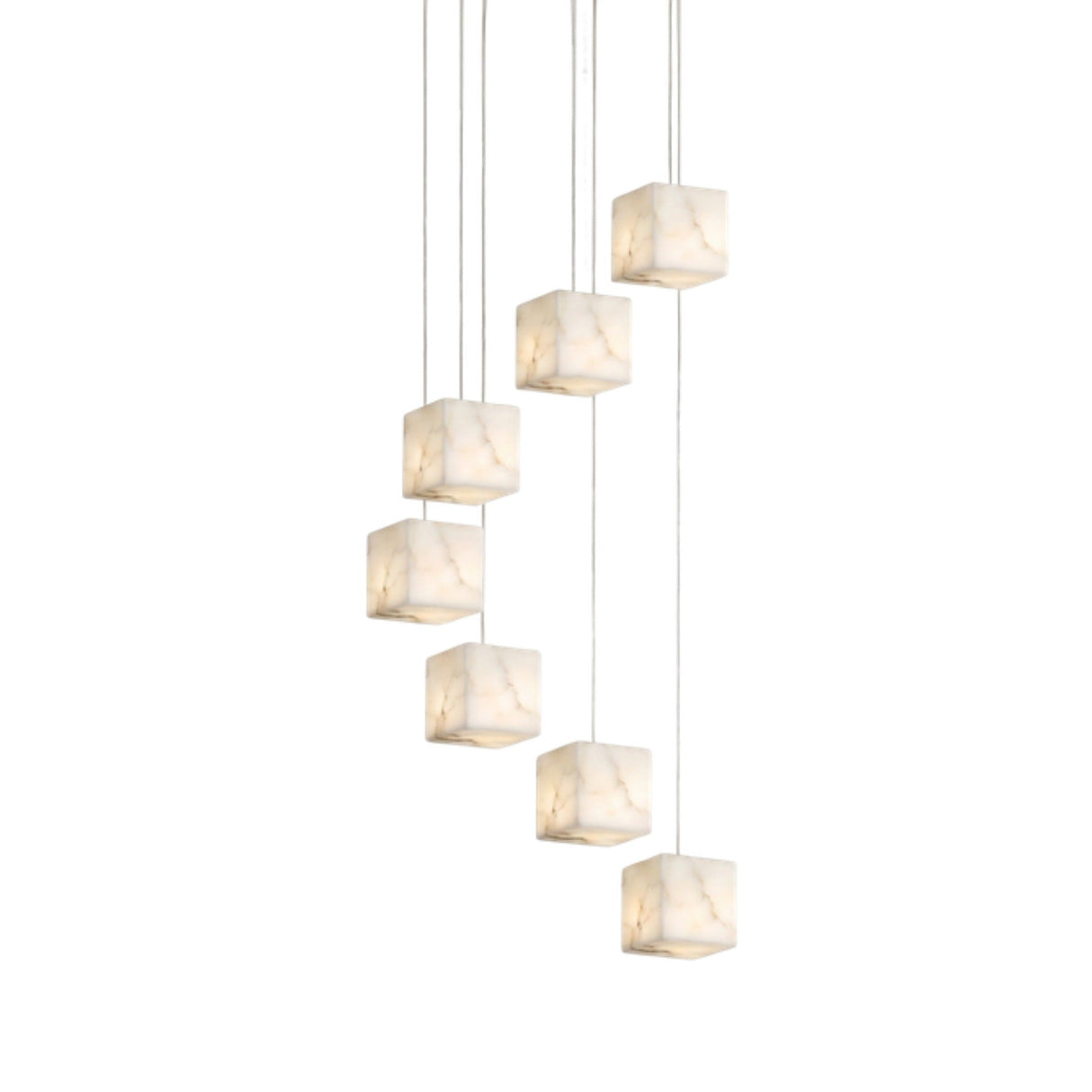 Scalinata 7 Light Cube Alabaster Cluster Chandelier in Brass, seven cube-shaped alabaster shades on cables cascading at staggered heights, shown on a plain white background.
