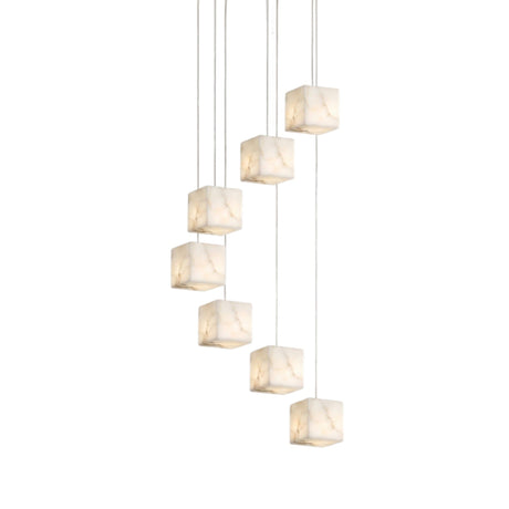 Scalinata 7 Light Cube Alabaster Cluster Chandelier in Brass, seven cube-shaped alabaster shades on cables cascading at staggered heights, shown on a plain white background.