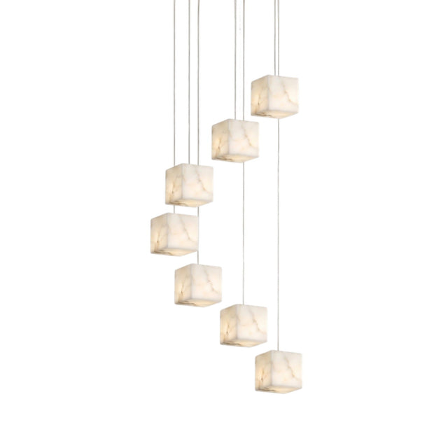 Scalinata 7 Light Cube Alabaster Cluster Chandelier in Brass, seven cube-shaped alabaster shades on cables cascading at staggered heights, shown on a plain white background.