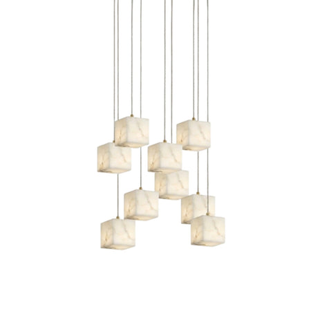 Scalinata 9 Light Cube Alabaster Cluster Chandelier in brass, nine cube-shaped alabaster shades on staggered cables, shown on a plain white background.