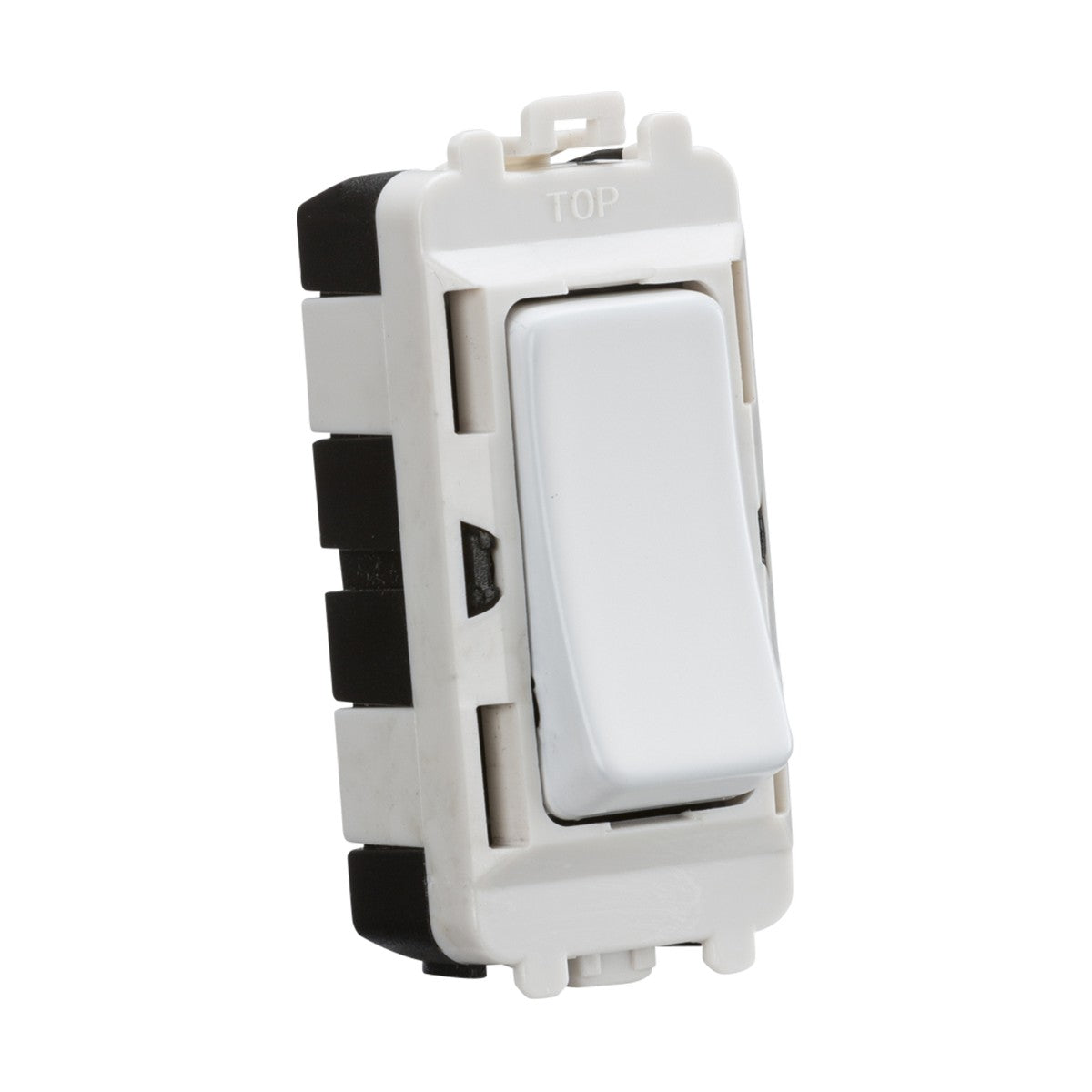 A 20AX 2 Way SP Module (Centre Off) from Knightsbridge's Grid system, featuring a matt white electrical rocker switch, is mounted on a rectangular black and white base with "TOP" engraved. It is currently set to the center off position against a plain white background.