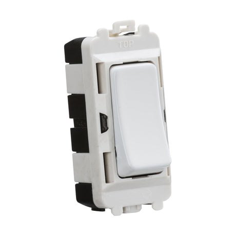 A 20AX 2 Way SP Module (Centre Off) from Knightsbridge's Grid system, featuring a matt white electrical rocker switch, is mounted on a rectangular black and white base with "TOP" engraved. It is currently set to the center off position against a plain white background.