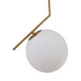 The Vetra Opal Glass Large Pendant Light - Gold features a spherical white frosted glass shade and an angular gold rod, offering a minimalist, modern design that's perfect as a statement pendant for contemporary interiors.