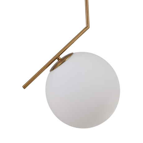 The Vetra Opal Glass Large Pendant Light - Gold features a spherical white frosted glass shade and an angular gold rod, offering a minimalist, modern design that's perfect as a statement pendant for contemporary interiors.