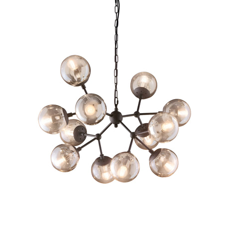 Presenting the Novara 12 Light Chandelier - Brown, a modern design masterpiece. Its central brown metal structure is embellished with clear and amber glass diffusers arranged in a spherical pattern. Each diffuser holds a visible light bulb, creating a strikingly contemporary ambiance.