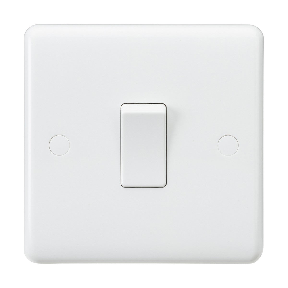 The 10AX 1 Gang DP Switch - White (Rounded Edge) is a plain, durable white square light switch plate made from thermoset resin, featuring a central toggle switch in the off position with no visible branding or extra features.