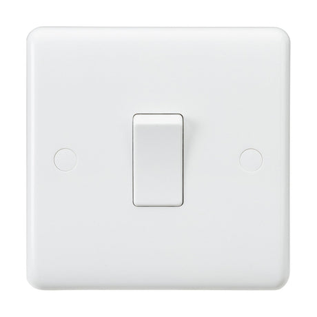 The 10AX 1 Gang DP Switch - White (Rounded Edge) is a plain, durable white square light switch plate made from thermoset resin, featuring a central toggle switch in the off position with no visible branding or extra features.