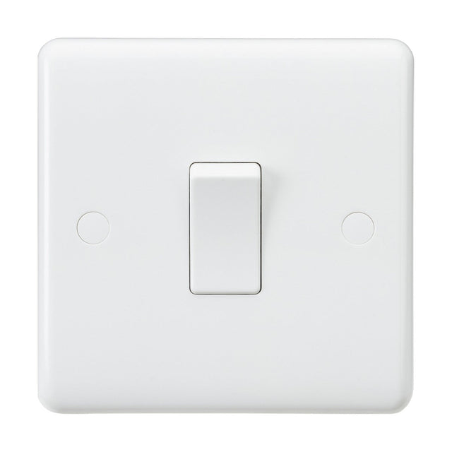 The 10AX 1 Gang DP Switch - White (Rounded Edge) is a plain, durable white square light switch plate made from thermoset resin, featuring a central toggle switch in the off position with no visible branding or extra features.