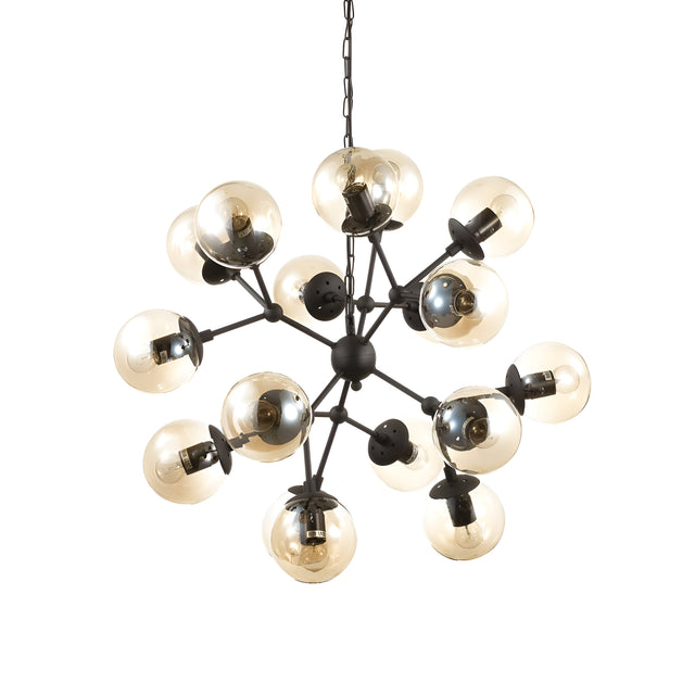 The Novara 18 Light Chandelier - Black features a sleek black metal frame that exudes contemporary charm. Its spherical design is accentuated by multiple arms, each holding a round, clear glass bulb. The chandelier hangs elegantly from a chain, showcasing modern style.